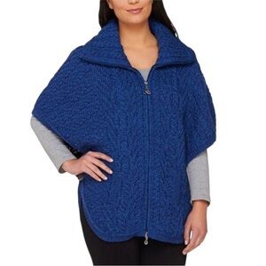 Aran Crafts Blue Cable Knit 100% Merino Wool Zip Front Poncho XXS (oversized)